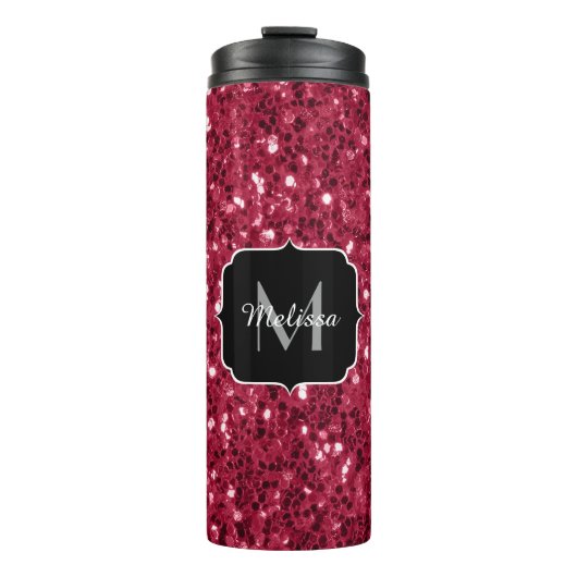 Dunkelrosa Magenta-Imitate Glitzern Monogramm Thermosbecher (Vorderseite)