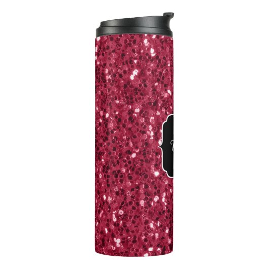 Dunkelrosa Magenta-Imitate Glitzern Monogramm Thermosbecher (Nach links gedreht)