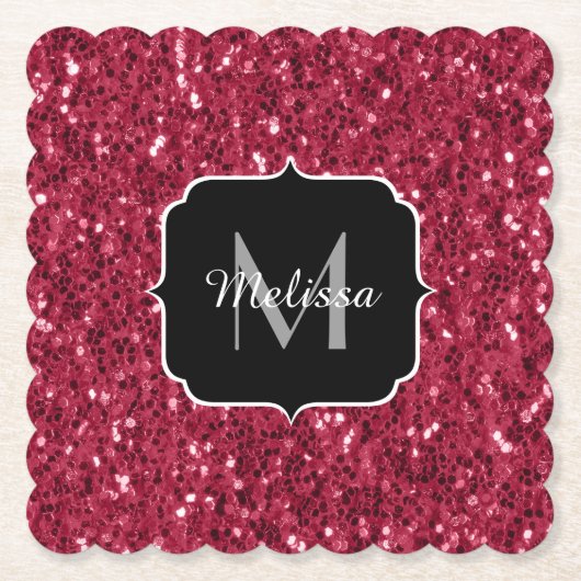 Dunkelrosa Magenta-Imitate Glitzern Monogramm Untersetzer (Vorderseite)