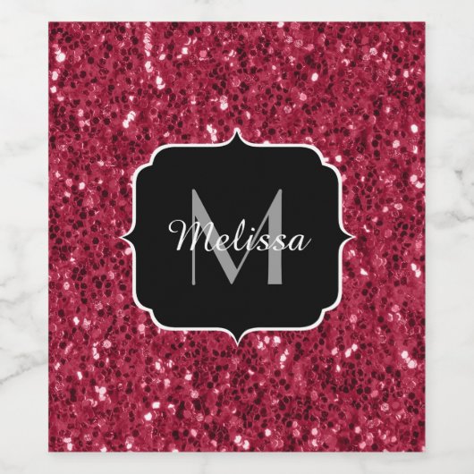 Dunkelrosa Magenta-Imitate Glitzern Monogramm Weinetikett (Einzelnes Label)