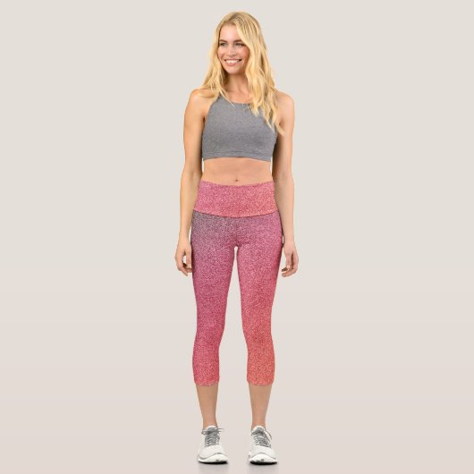 Dunkelrosa-orange-glänzende Glitzer Capri Leggings (Vorderseite)