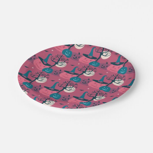 Dunkelrosa Pumpkin-Szene Halloween Pappteller (Schrägansicht)