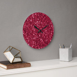 Dunkelrosa rote Magenta Imitate Glitzern Glitzer Große Wanduhr