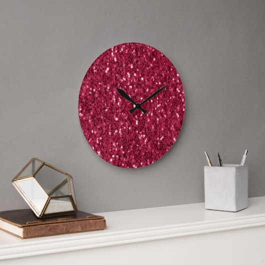 Dunkelrosa rote Magenta Imitate Glitzern Glitzer Große Wanduhr (Büro)