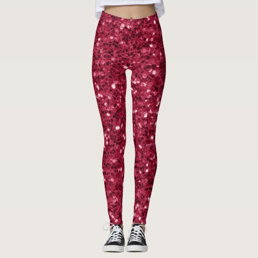Dunkelrosa rote Magenta Imitate Glitzern Glitzer Leggings (Vorderseite)