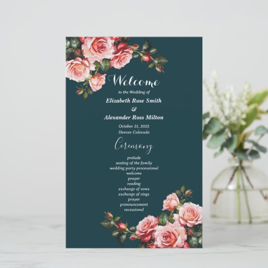 Dunkelrosa rote Rosen aquamarines Hochzeitsprogram (Stehend Vorderseite)