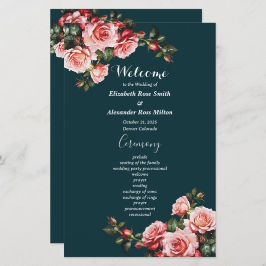 Dunkelrosa rote Rosen aquamarines Hochzeitsprogram (Vorne/Hinten)