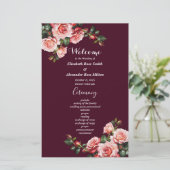 Dunkelrosa rote Rosen Bordeaux Hochzeitsprogramm (Stehend Vorderseite)