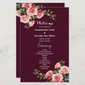 Dunkelrosa rote Rosen Bordeaux Hochzeitsprogramm (Vorne/Hinten)