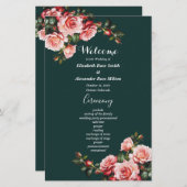 Dunkelrosa rote Rosen Grünes Hochzeitsprogramm (Vorne/Hinten)