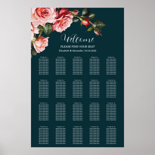 Dunkelrosa rote Rosen Hochzeitskarte Poster (Vorne)