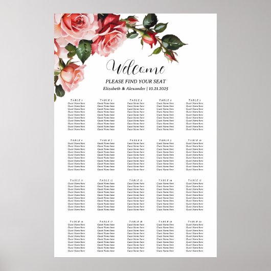 Dunkelrosa rote Rosen Hochzeitskarte Poster (Vorne)