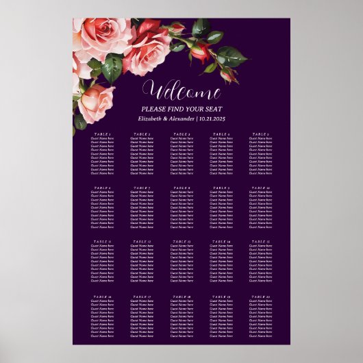 Dunkelrosa rote Rosen Hochzeitskarte Poster (Vorne)