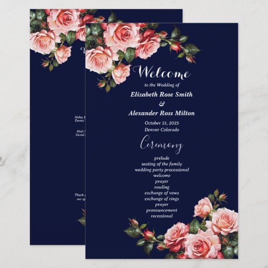 Dunkelrosa rote Rosen Hochzeitsprogramm (Vorne/Hinten)