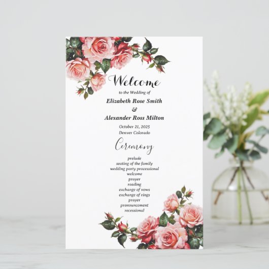 Dunkelrosa rote Rosen Hochzeitsprogramm (Stehend Vorderseite)