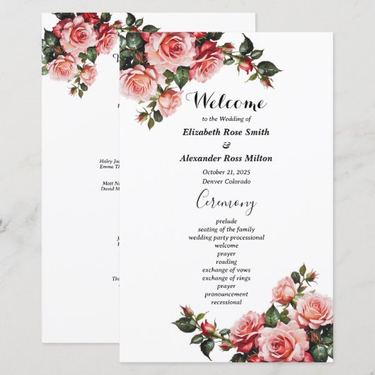 Dunkelrosa rote Rosen Hochzeitsprogramm (Vorne/Hinten)