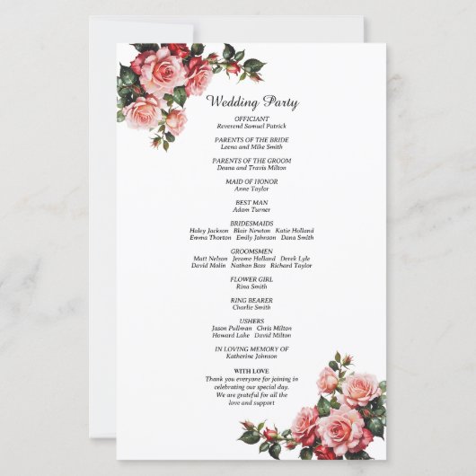 Dunkelrosa rote Rosen Hochzeitsprogramm (Rückseite)