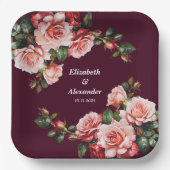 Dunkelrosa und rote Rosen bordeauxrote Hochzeit Pappteller (Vorderseite)