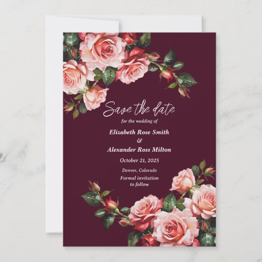 Dunkelrosa und rote Rosen bordeauxrote Hochzeit Save The Date (Vorderseite)
