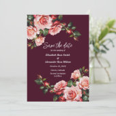 Dunkelrosa und rote Rosen bordeauxrote Hochzeit Save The Date (Stehend Vorderseite)