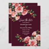 Dunkelrosa und rote Rosen bordeauxrote Hochzeit Save The Date (Vorne/Hinten)