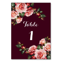 Dunkelrosa und rote Rosen bordeauxrote Hochzeit Tischnummer