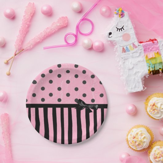 Dunkelrosa und schwarzer Polka-Dot gestrichene Pap Pappteller (Party)