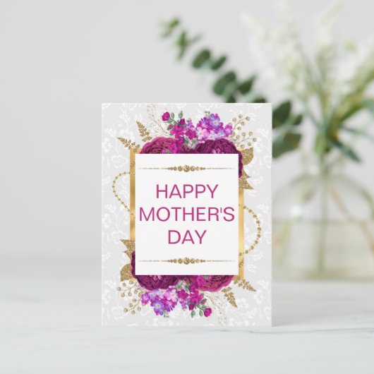 Dunkelrosa und violette Blumen Muttertag Postkarte (Stehend Vorderseite)
