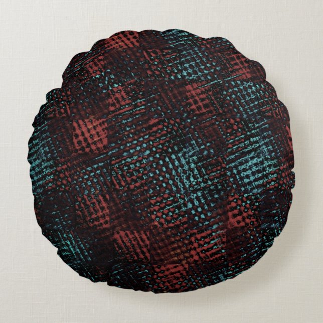 Dunkelrot, blau, Kratzer, Quadrat oder Würfel Rundes Kissen (Vorderseite)
