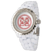 Dunkelrot Doppelglücklich - rund Armbanduhr (Schrägansicht)