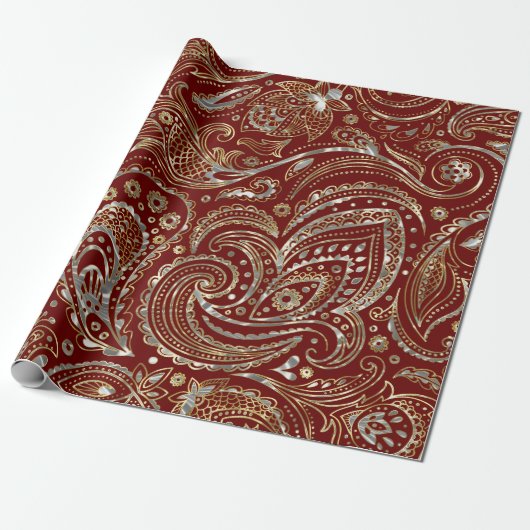Dunkelrot & Gold Floral Paisley Geschenkpapier (Ungerollt)