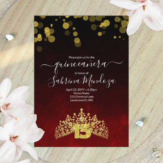 Dunkelrot, Gold Tiara Quinceanera Einladung