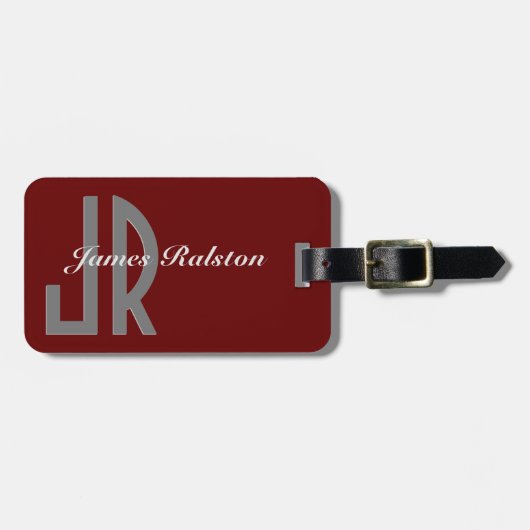 Dunkelrot, grau und weiß Monogramm, personalisiere Gepäckanhänger (Vorderseite horizontal)