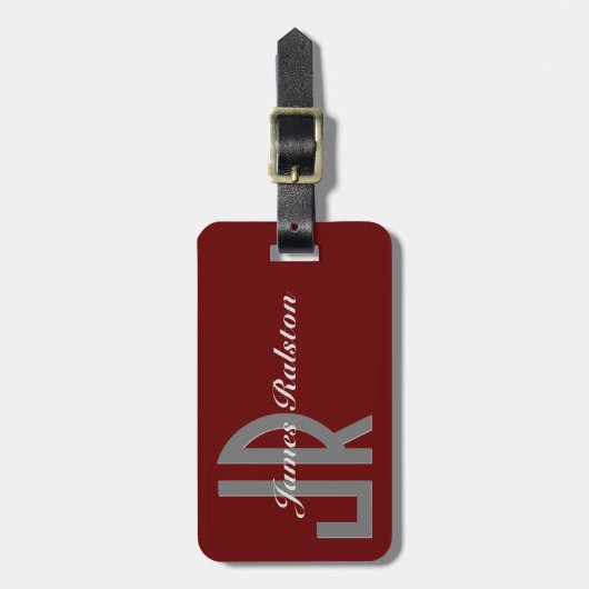 Dunkelrot, grau und weiß Monogramm, personalisiere Gepäckanhänger (Vorderseite vertikal)