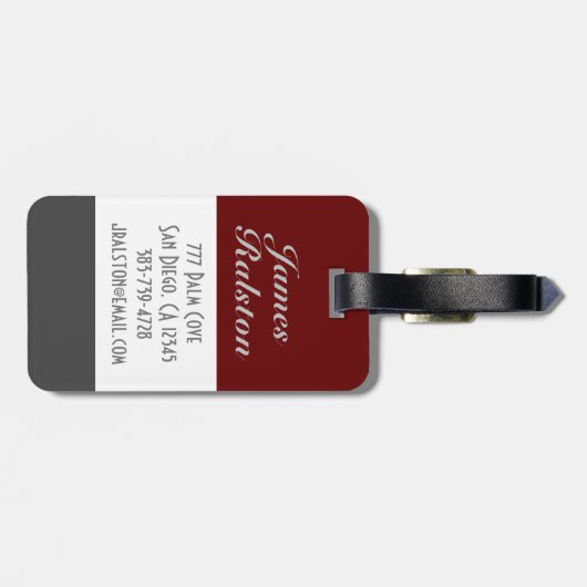 Dunkelrot, grau und weiß Monogramm, personalisiere Gepäckanhänger (Rückseite horizontal)