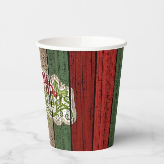 Dunkelrot-grünes Weathered-Holzplanken-Muster Pappbecher (Links)