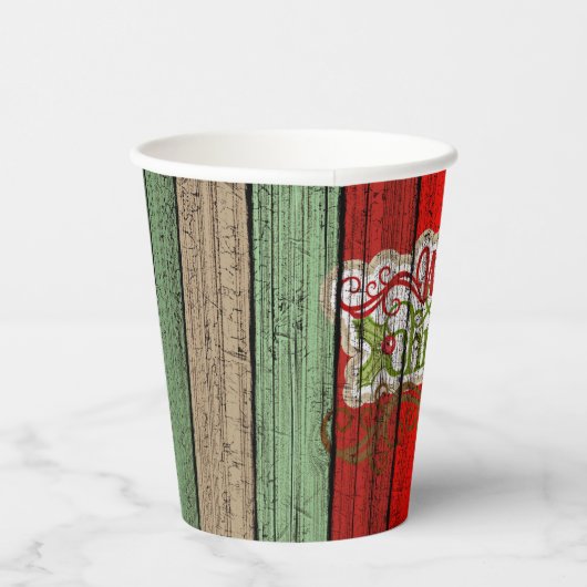 Dunkelrot-grünes Weathered-Holzplanken-Muster Pappbecher (Rechts)
