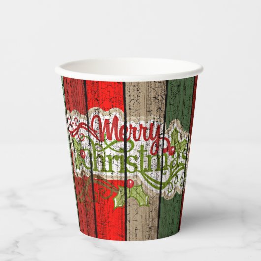 Dunkelrot-grünes Weathered-Holzplanken-Muster Pappbecher (Vorderseite)