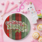 Dunkelrot-grünes Weathered-Holzplanken-Muster Pappteller (Party)