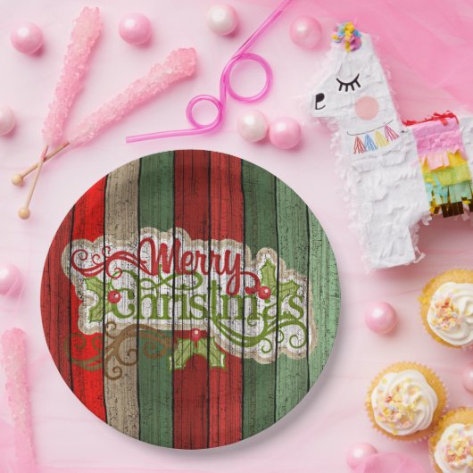 Dunkelrot-grünes Weathered-Holzplanken-Muster Pappteller (Party)