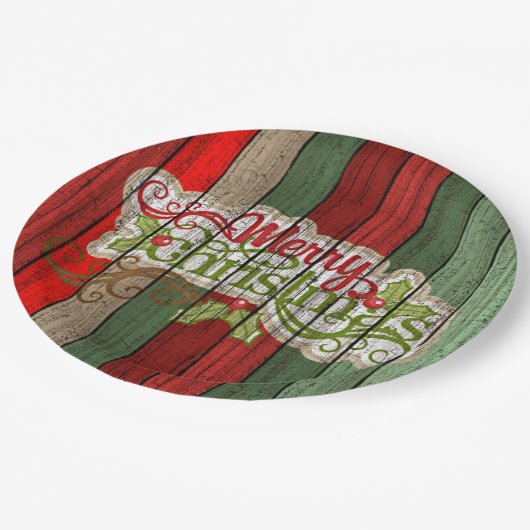 Dunkelrot-grünes Weathered-Holzplanken-Muster Pappteller (Schrägansicht)