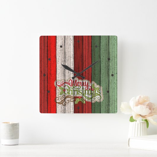 Dunkelrot-grünes Weathered-Holzplanken-Muster Quadratische Wanduhr (Zuhause)