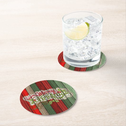 Dunkelrot-grünes Weathered-Holzplanken-Muster Runder Pappuntersetzer (Vor Ort)