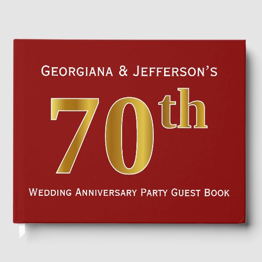 Dunkelrot, Imitats Gold 70. Hochzeitstag Party Gästebuch (Vorderseite)
