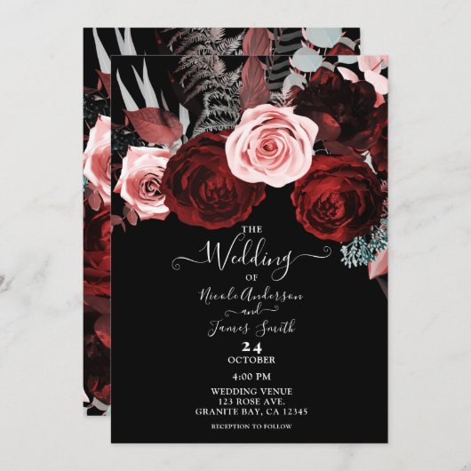 Dunkelrot-rosa Blume Blumengrün Hochzeit Einladung (Vorne/Hinten)