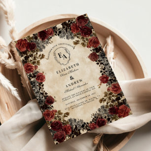 Dunkelrot-schwarze Spitzen-Rose Hochzeit Einladung