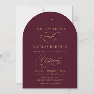 Dunkelrot und Gold Monogram Classic Wedding Einladung