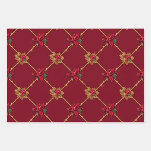 Dunkelrot und grüne Gold Poinsettia Weihnachten Geschenkpapier Set (Vorderseite)