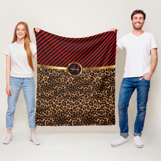 Dunkelrot und Leopard-Tierdruck in Monogramm Fleecedecke (Beispiel)