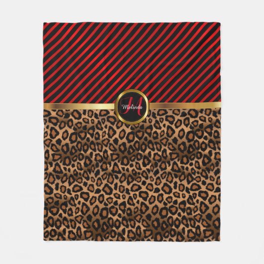 Dunkelrot und Leopard-Tierdruck in Monogramm Fleecedecke (Vorderseite)